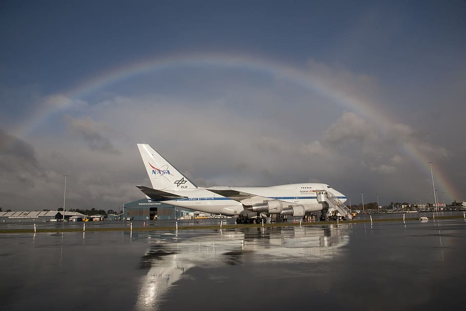Jetliner, Rainbow, Boeing 747Sp, reflexión, modificado, telescopio, nasa, nacional, aeronáutica y espacio, administración