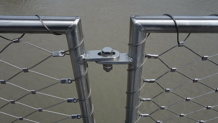 wire, pipes, railing, bridge railing, regularly, pattern, metal, shiny, construction, screwed
