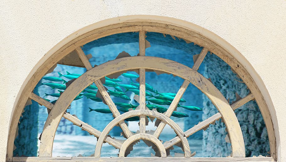 window, round arch, old, facade, arch, rhaeto romanic, wood, seedlings, aquarium, fish