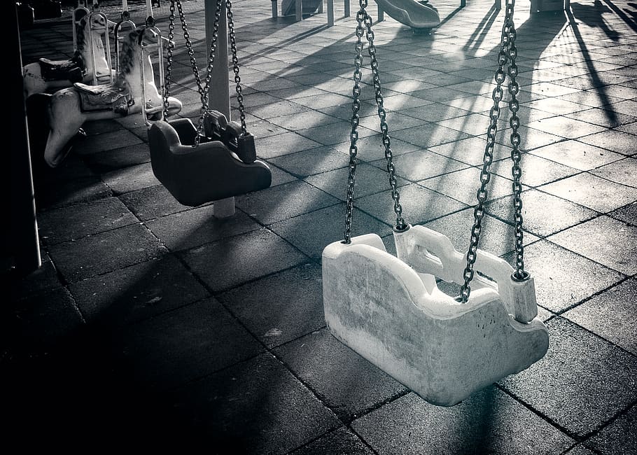 swings, playground, park, fun, black and white, day, high angle view, nature, outdoors, footpath