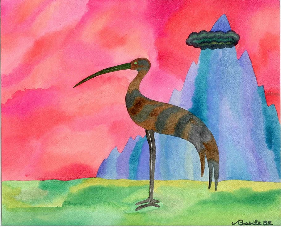 cat air, ibis, lukisan, burung, hewan, gambar, karya seni, seni dan kerajinan, kreativitas, multi-warna