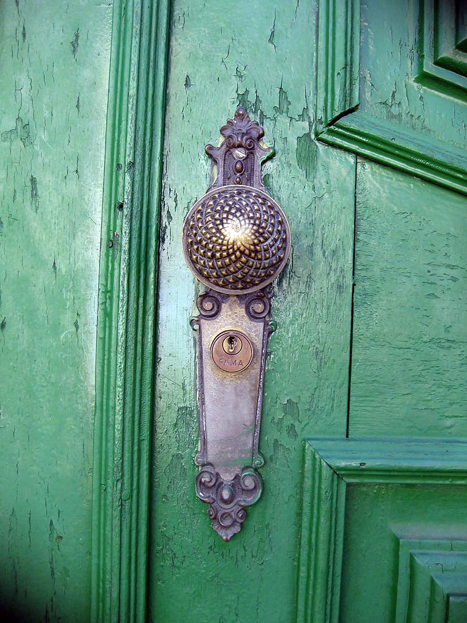green, door, lock, enter, entrance, wood - material, metal, security, protection, safety