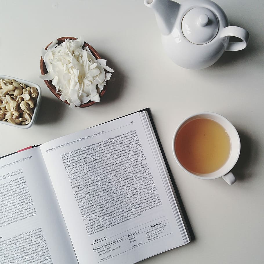 relaxed, sunday, tea, book, coconut, drink, top view, white background, cup, coffee - Drink