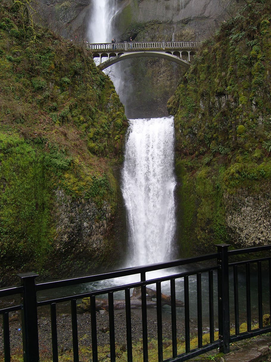 Multnomah, Oregon, Waterfall, multnomah if, railing, bridge - man made structure, water, dam, motion, architecture