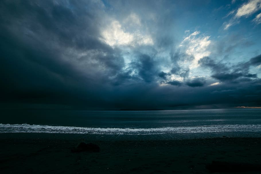 風景写真, 海岸, 写真, 青, 空, 海, ビーチ, 嵐, 暗い, 夜