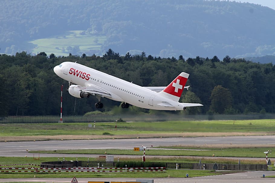 avión, suizo, aerolíneas suizas, aviación, aeropuerto de zurich, transporte, vuelo, salida, asfalto, suiza