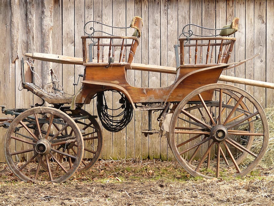 brown, carriage, wooden, fence, coach, horse drawn carriage, wagon, team, old, nostalgia