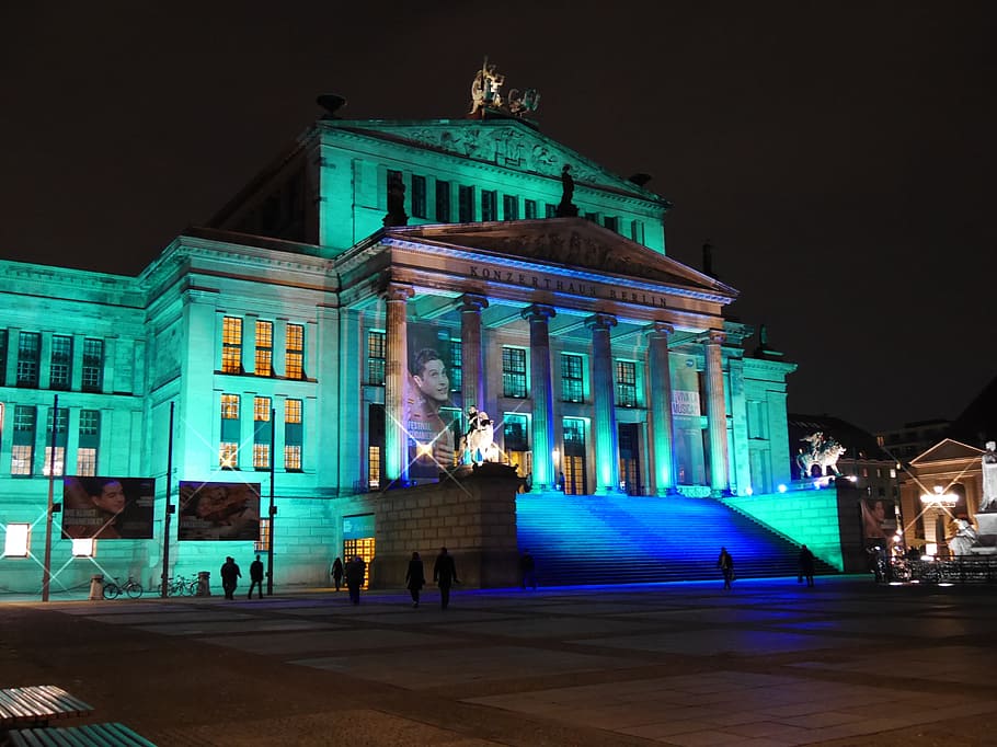 Berlin, Night, Photograph, concert hall, night photograph, big city, architecture, illuminated, building Exterior, famous Place