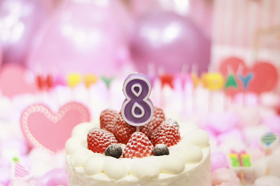 strawberry-filled cake, purple, white, 8 candle, strawberry, cake, candle, dessert, food, sweet Food