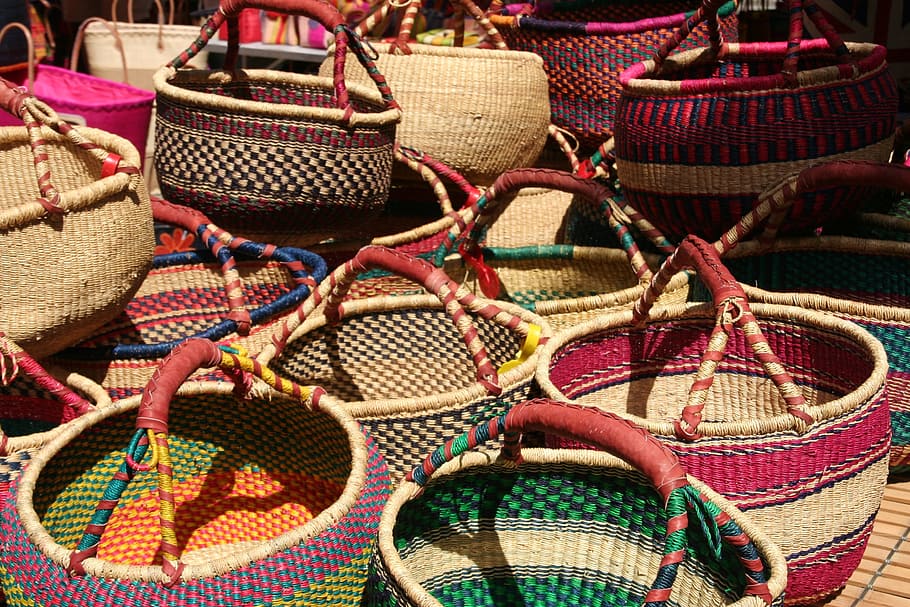 basket, wicker, traditional, hand-made, weave, market, retail, choice, market stall, for sale