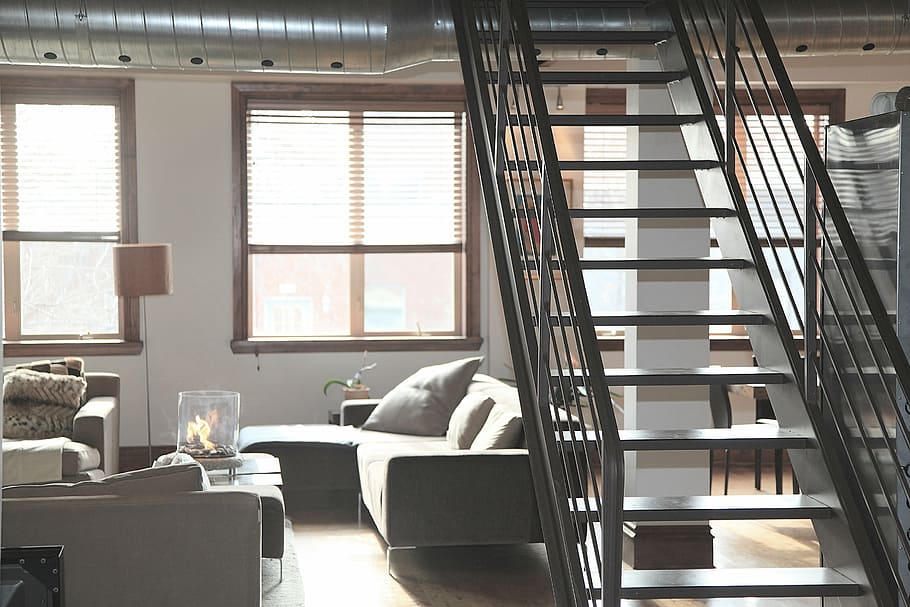 gray, sofa, stair, inside, room, architectural, photography, stairs, condo, loft