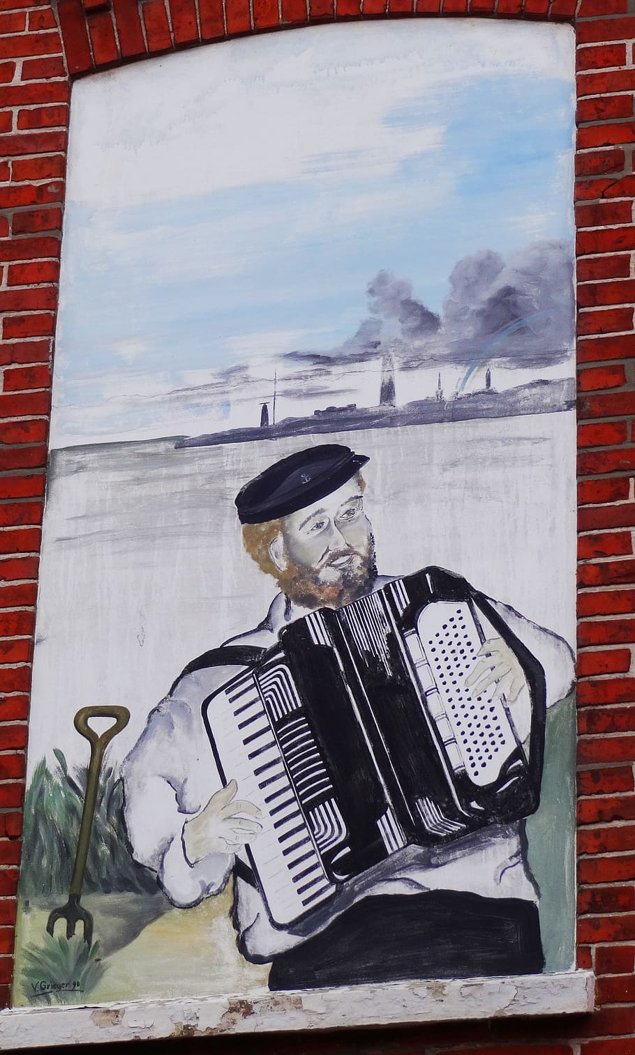 albertus the singing wattführer, building painting, sailor, accordion, wadden sea, human representation, one person, male likeness, day, real people
