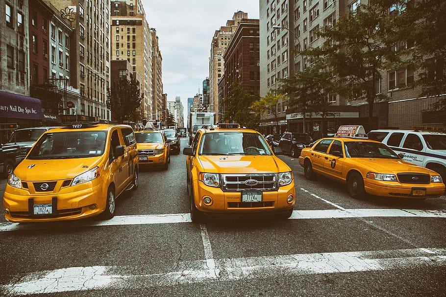tunggu, sibuk, jalan-jalan, baru, kota york, Taksi, Manhattan, Kota New York, perkotaan, mobil