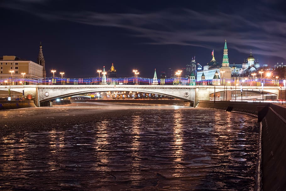 jembatan, kremlin, musim dingin, sungai, malam, pemandangan, sungai moscow, kota, moskow, arsitektur