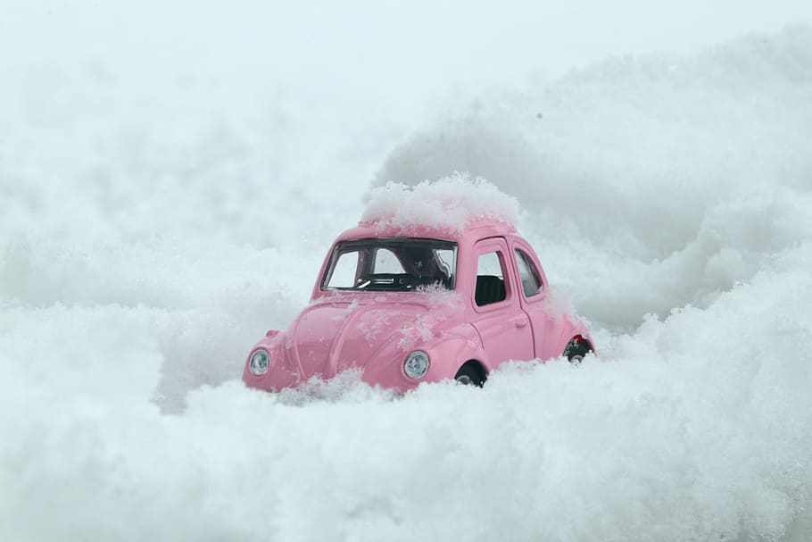 pink, volkswagen beetle, snow land, bug, vw, car, snow, snowy road, winter, model