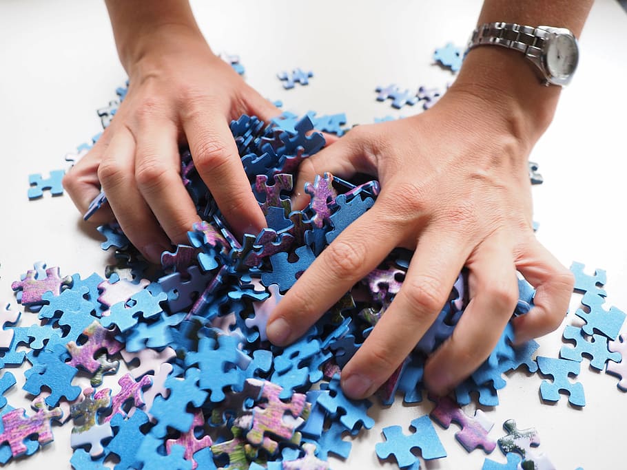 person, grabbing, bunch, blue, purple, jigsaw puzzle pieces, pieces of the puzzle, mix, hands, puzzle