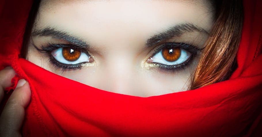 woman's face, portrait, look, red, scarf, mystery, hidden, eyes, human body part, eye