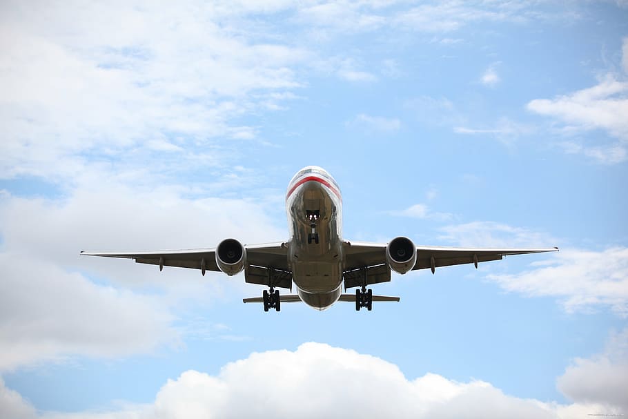gray, red, airplane, clear, blue, sky, passenger plane, passenger jet, landing gear, airplane landing