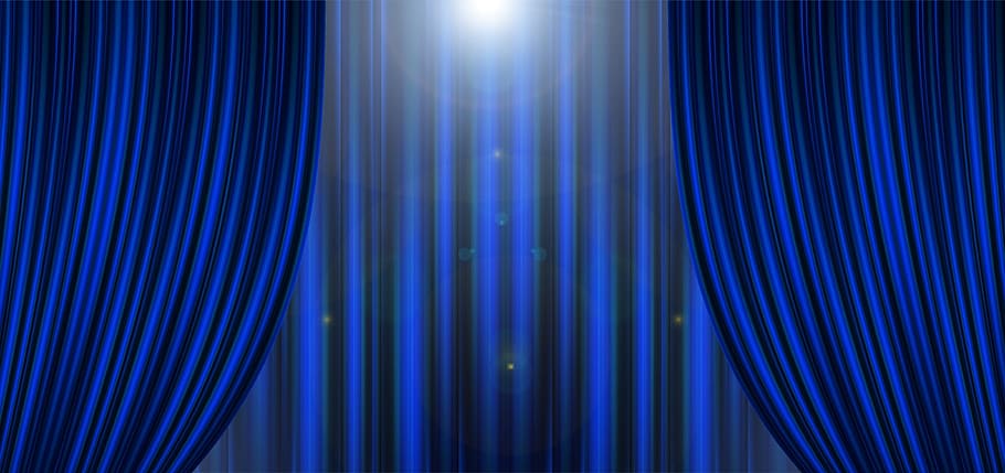 tekstil biru, teater, bioskop, tirai, garis-garis, biru, cahaya, pencahayaan, sorotan, panggung