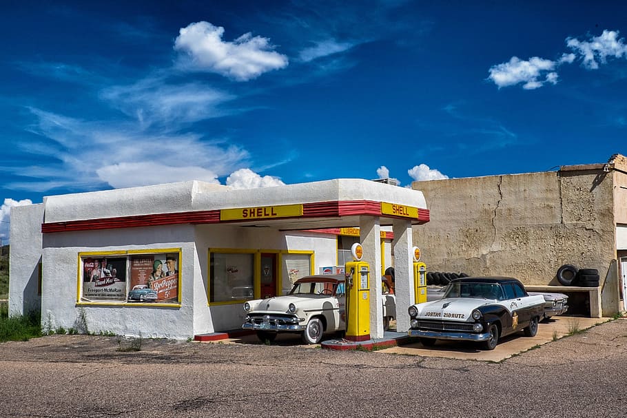 gas station, retro, 1950s, vintage, gasoline, station, car, pump, old, auto