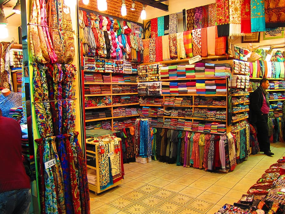 Ассорти текстильной много, рынок, Гран базар, цвета, Стамбул, одежда, магазины, этнические, Турция, розничная торговля