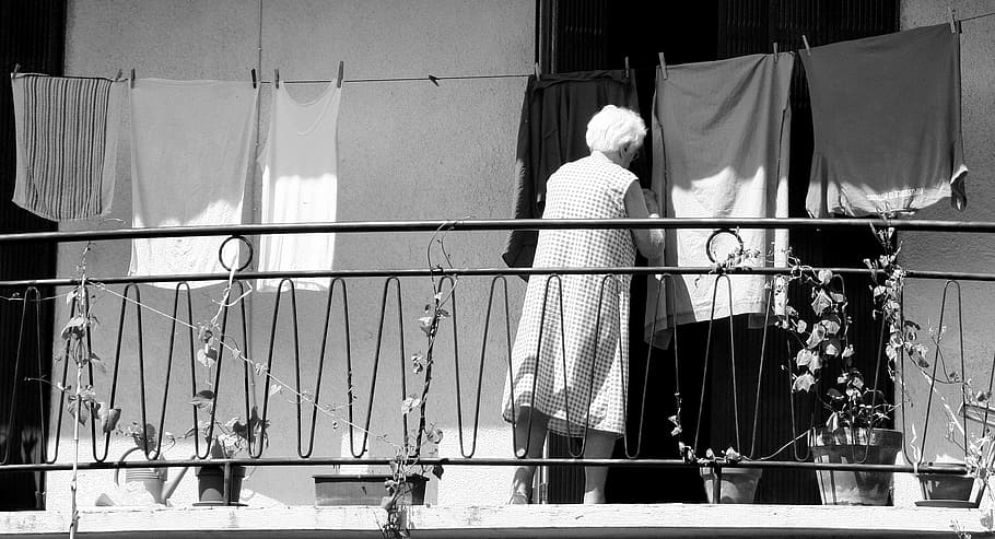 woman, standing, terrace, pot, old woman, laundry, housework, housewife, female, domestic
