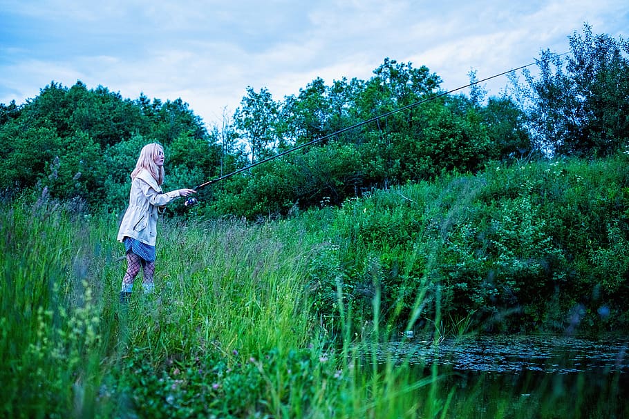 girl, fishing, fish, fishing rods, pond, summer, greens, plant, one person, grass