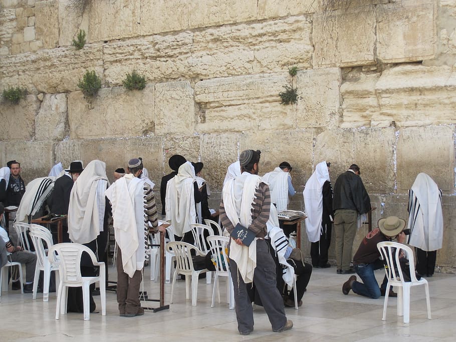 orang-orang, berkumpul, di samping, krem, tembok, tembok ratapan, jerusalem, israel, yahudi, kuil