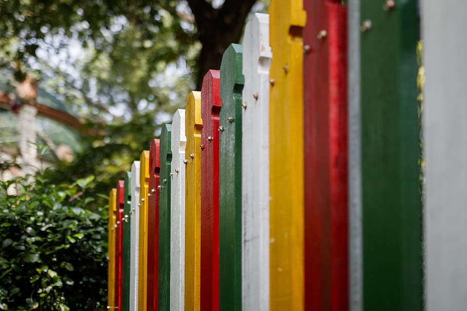 background, bar, colorful, fence, kid, kindergarten, wooden, in a row, day, focus on foreground