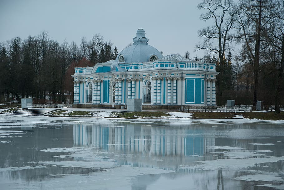 синий, белый, бетон, храм, дневное время, россия, санкт-петербург, пушкин, озеро, екатерининский дворец