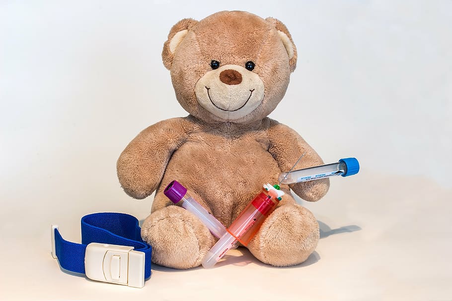 brown, bear, plush, toy, blood collection, material, blood collection tube, cannula, tube holder, sterile