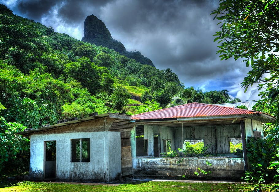 blanco, rojo, pintado, casa, verde, hierba, Moorea, Polinesia francesa, casa abandonada, montaña
