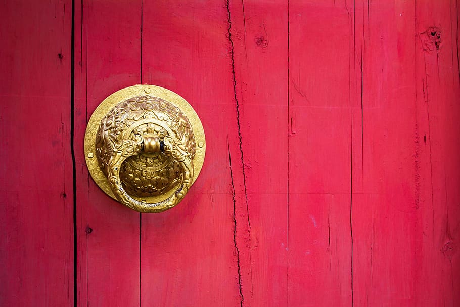 merah, kayu, pintu, pintu pengetuk pintu digulir emas, digulir, pintu pengetuk pintu, menangani, cina, naga, emas