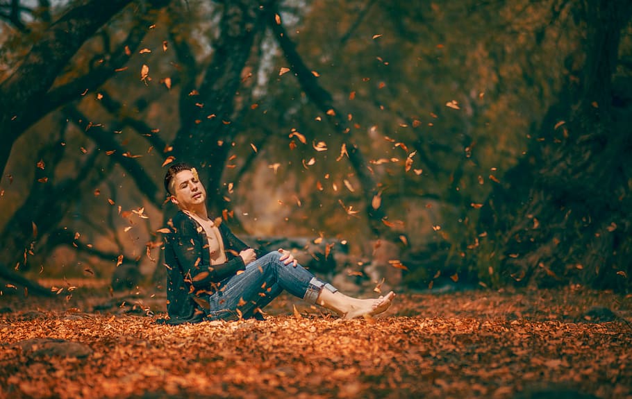 people, man, fashion, beauty, nature, leaves, autumn, fall, woods, forest