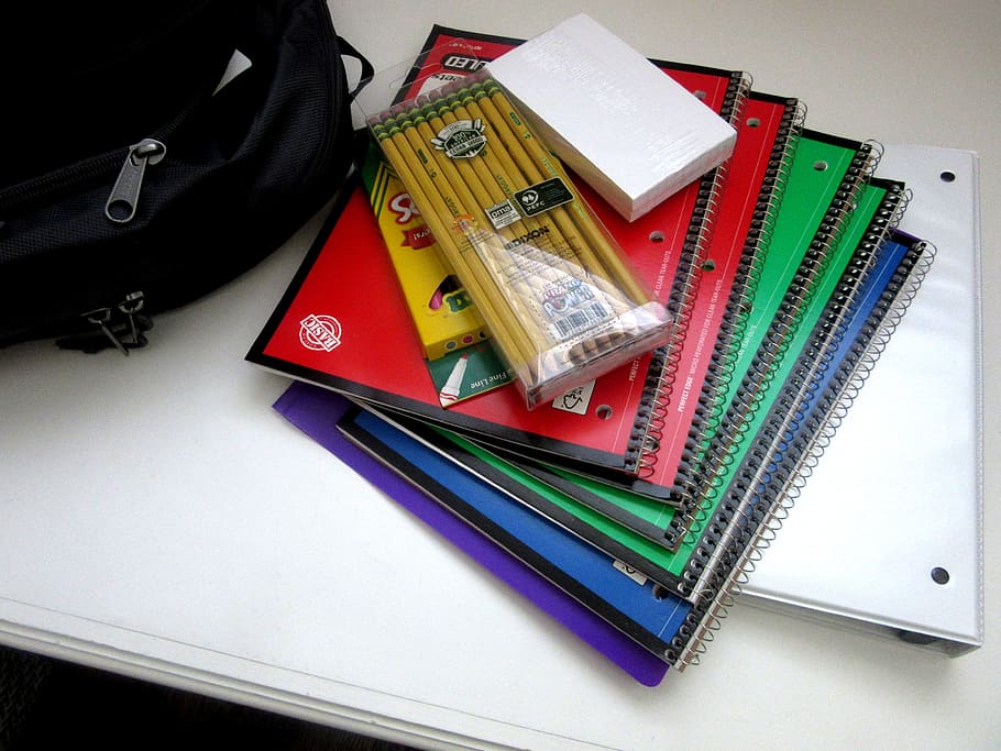 school supplies, spirals, pencils, backpack, education, school, study, learn, supplies, educate