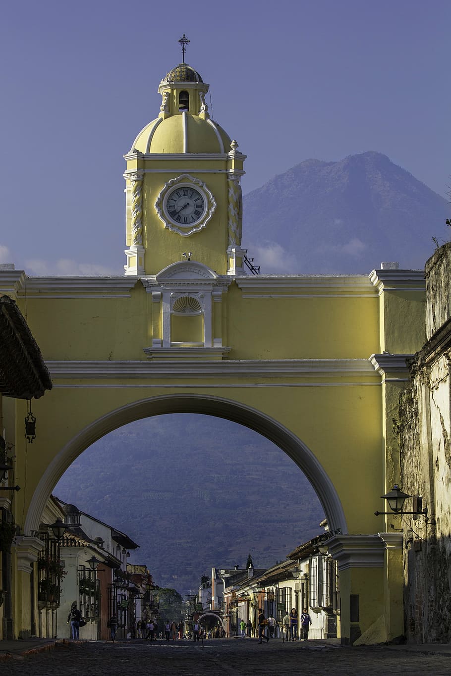 yellow, concrete, tower clock, daytime, guatemala, central america, antiguaguatemala, latin america, dog, streets