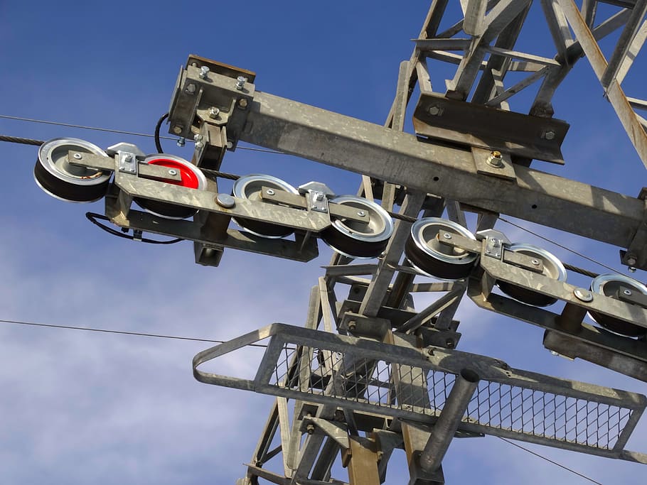 ski lift, pulleys, technology, low angle view, sky, metal, nature, blue, machinery, day