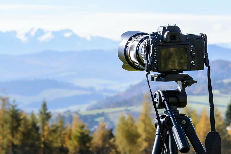 black, dslr camera, tripod, taking, shot, mountains, daytime, dslr, camera, lens