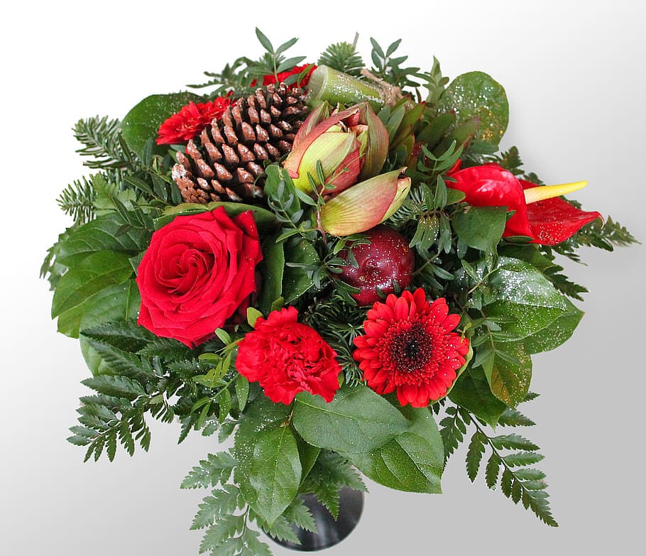 red, gerbera daisies, brown, pinecone centerpiece, Bouquet, Flowers, Roses, Vase, Beautiful, flower