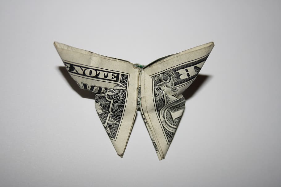uang kertas dilipat, uang, kupu-kupu, origami, dolar, satu dolar, bisnis, bendera dunia, simbol, ekonomi