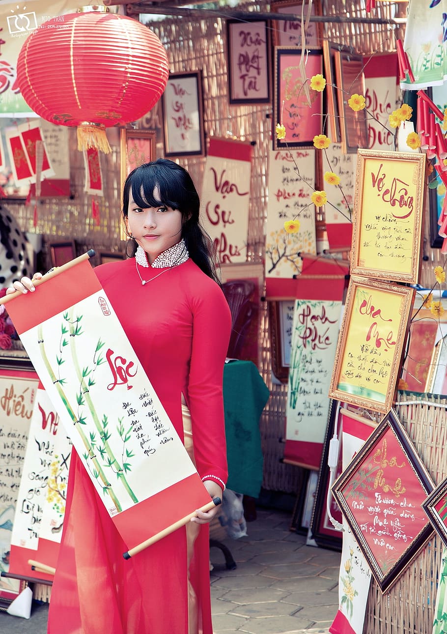 calligraphy, spring, women in vietnam, nice picture, nice, woman, red skirt, painting, communications, market