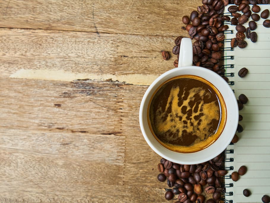 white, ceramic, mug, coffee, surrounded, coffee beans, caffeine, core, seed, food