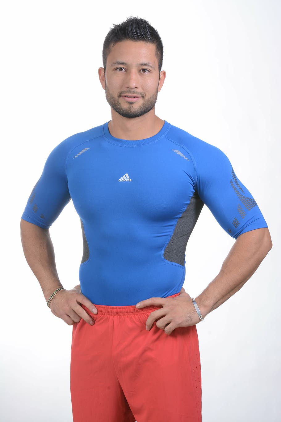 man, blue, grey, adidas rash guard, red, bottoms, sport, fitness, exercise, pilates