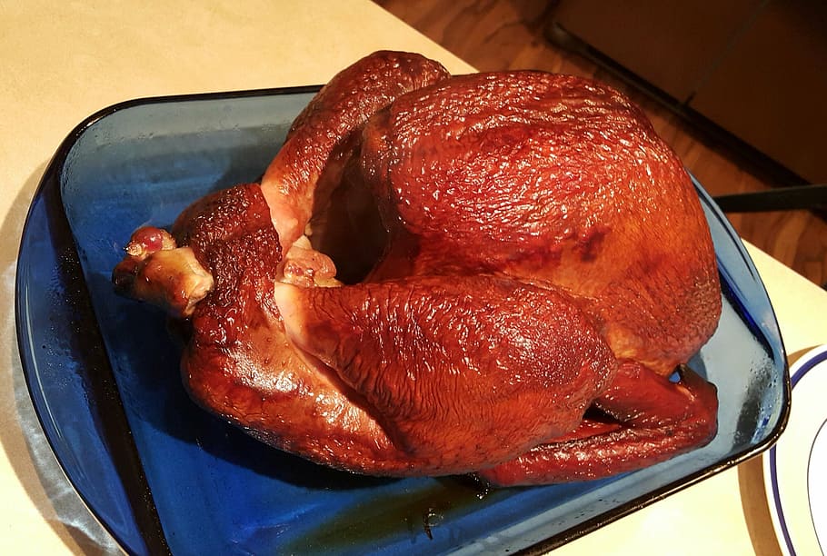 roasted, chicken, blue, glass casserole, smoked turkey, thanksgiving, turkey, dinner, food, cooking