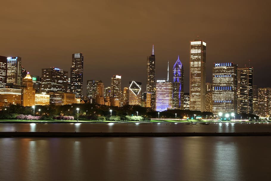 Night View, Chicago, Downtown, cityscape, skyscraper, night, urban skyline, city, building exterior, architecture
