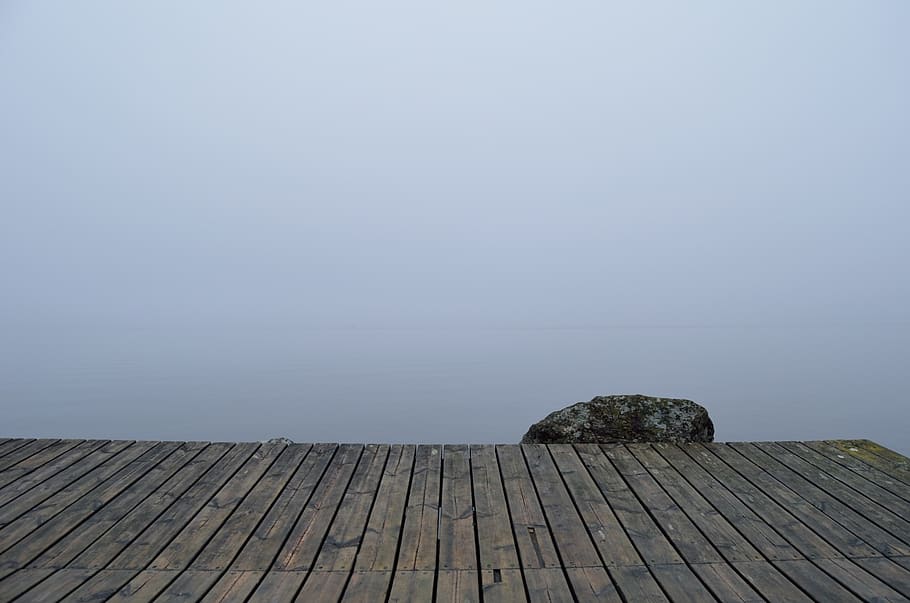 dock, water, rock, fog, sky, grey, wood - material, tranquility, pier, tranquil scene