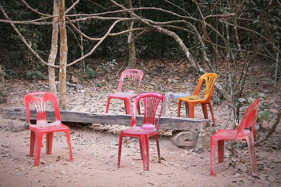 sillas, abandonado, plástico, sentarse, olvidar, roto, sin usar, vacío, asiento, sobre