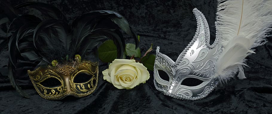 фото, золото, серебряная маска, рядом, белый, роза, цветок, маска, карнавал, венеция