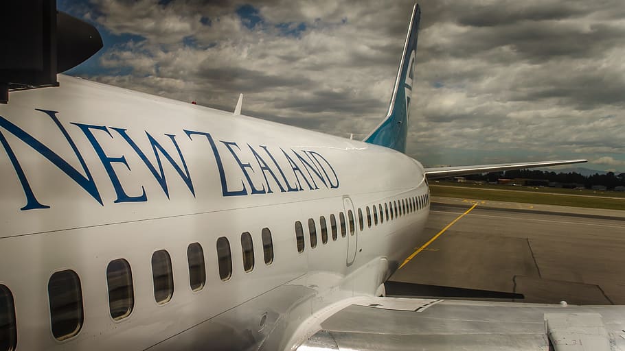 branco, novo, avião comercial da zelândia, estrada de ferro, aeronaves, nova zelândia, aeroporto, nuvens, avião, comercial avião