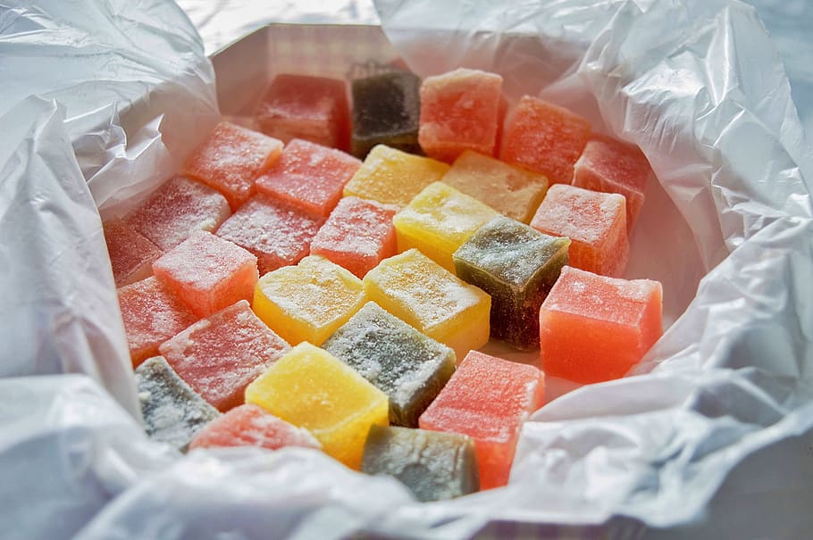 assorted-color jelly, inside, white, plastic pack, turkish, sweet, dessert, turkish delight, lokum, snack